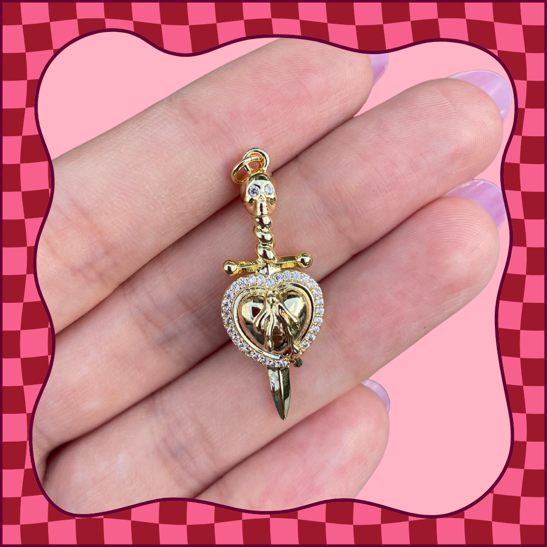 Gold Skull Sword Bleeding Heart Charm